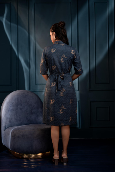 Teal Zig Zag Print Button Down Cotton Shirt Dress with Belt