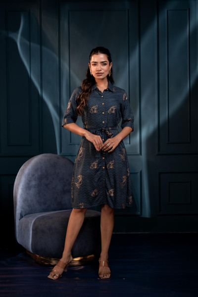 Teal Zig Zag Print Button Down Cotton Shirt Dress with Belt