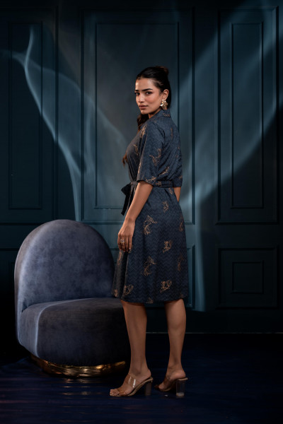 Teal Zig Zag Print Button Down Cotton Shirt Dress with Belt