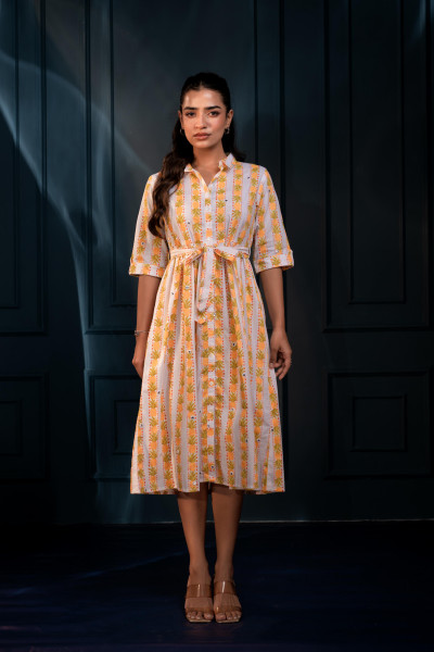 Yellow Floral Cotton Shirt Dress with Belt Thread Waist &amp; Mirror Work