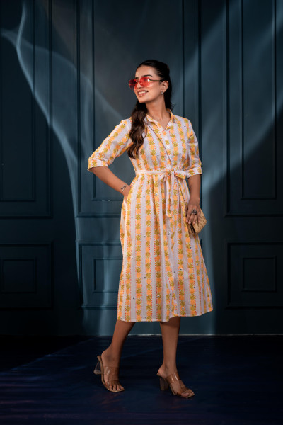 Yellow Floral Cotton Shirt Dress with Belt Thread Waist & Mirror Work