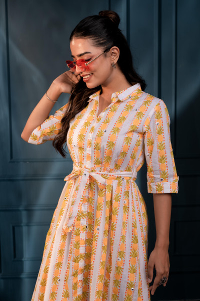 Yellow Floral Cotton Shirt Dress with Belt Thread Waist & Mirror Work