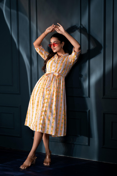 Yellow Floral Cotton Shirt Dress with Belt Thread Waist & Mirror Work