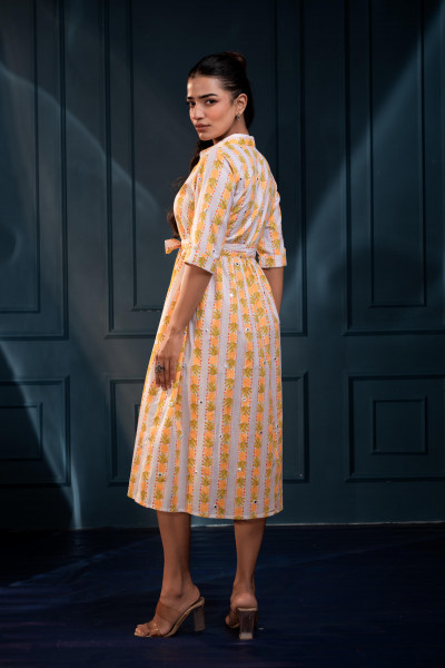 Yellow Floral Cotton Shirt Dress with Belt Thread Waist & Mirror Work