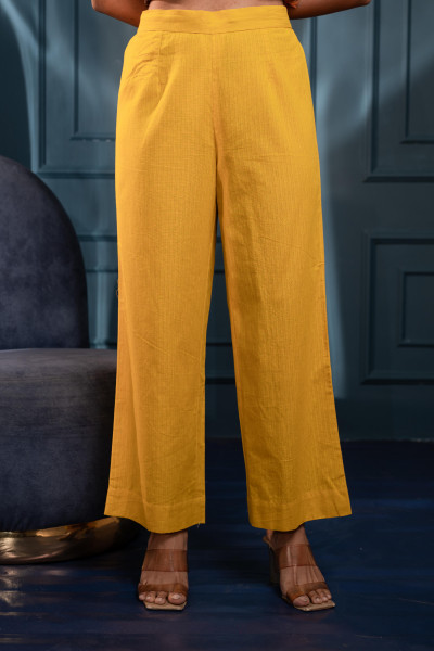 Women's Mustard Striped Cotton Kurta & Pants Co-ord Set with Zari Work