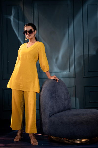 Women's Mustard Striped Cotton Kurta & Pants Co-ord Set with Zari Work