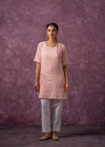 Peach Cotton Embroidered Straight Kurta for Women