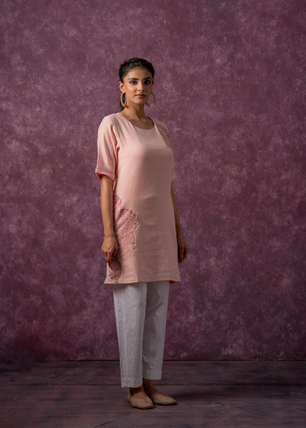 Peach Cotton Embroidered Straight Kurta for Women