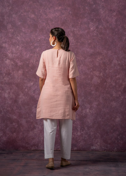 Peach Cotton Embroidered Straight Kurta for Women