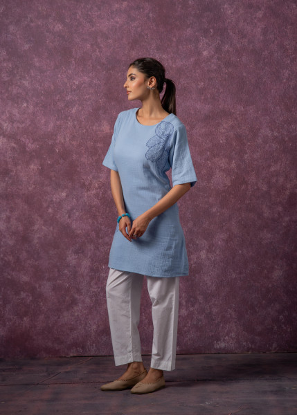 Sky Blue Cotton Embroidered Straight Kurta for Women