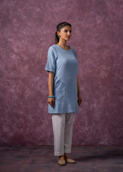Sky Blue Cotton Embroidered Straight Kurta for Women