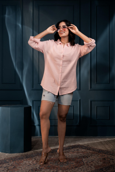 Women's peach Cotton Shirt with Full Sleeves and Front Slit