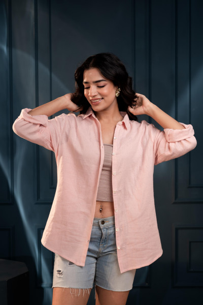 Women's peach Cotton Shirt with Full Sleeves and Front Slit