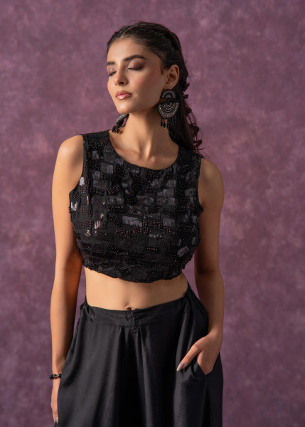 Black Solid Embellished Sleeveless Top with Beads & Sequence Work