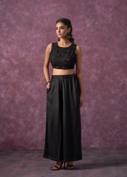 Solid Black Flared Palazzo Pants