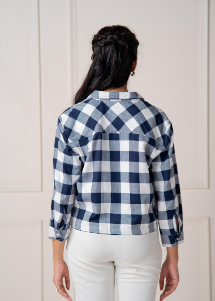 Lamora Navy & White Large Checkered Casual Button-Down Shirt