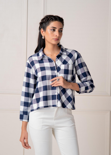 Lamora Navy & White Large Checkered Casual Button-Down Shirt