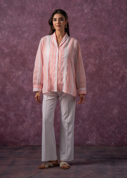 Lamora Peach & White Vertical Striped Relaxed-Fit Button-Down Shirt