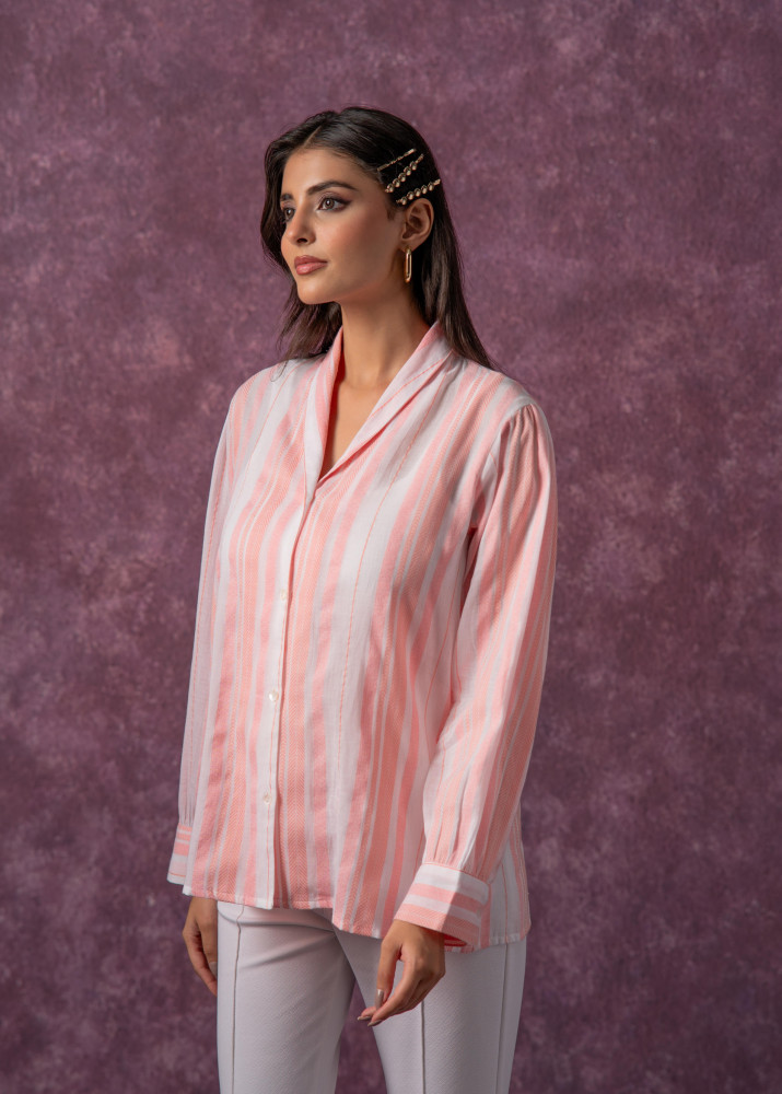 Lamora Peach &amp; White Vertical Striped Relaxed-Fit Button-Down Shirt