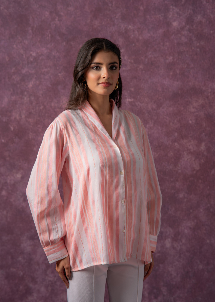 Lamora Peach &amp; White Vertical Striped Relaxed-Fit Button-Down Shirt