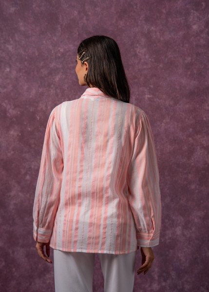 Lamora Peach & White Vertical Striped Relaxed-Fit Button-Down Shirt