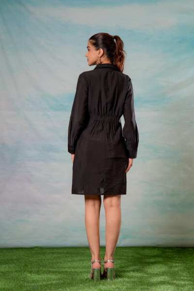Lamora Black Solid Shirt Dress with Belt Detail