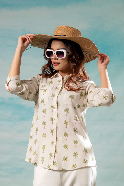 Lamora Off-White Palm Tree Printed Relaxed Fit Shirt