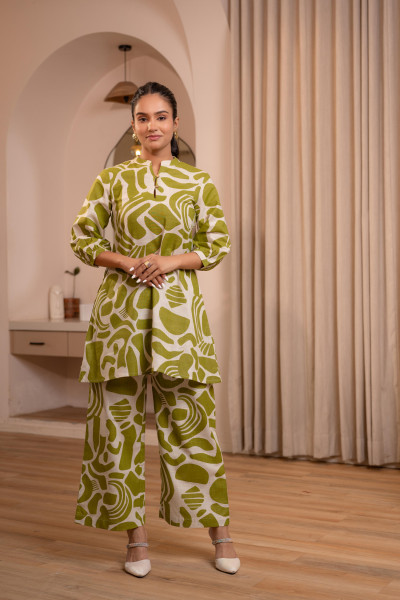 Lamora Olive Abstract Co-ord Set with Contemporary Minimal Styling