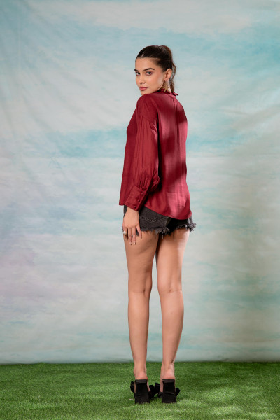 Lamora Maroon Textured High-Neck Pleated Sleeve Shirt