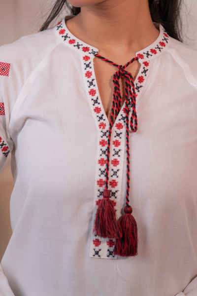 Lamora Off-White Boho Folk  Peasant Top with Tassel Tie-Up Neck