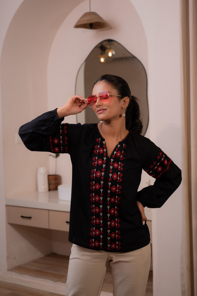 Lamora Black Boho Embroidered Tunic with Geometric Red Motifs