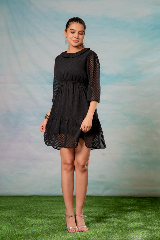 Lamora Black Chevron-Sheer Fit &amp; Flare Mini Dress