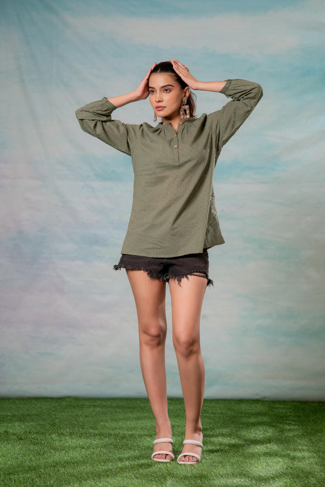 Lamora Olive Green Dobby-Textured Casual Tunic Top