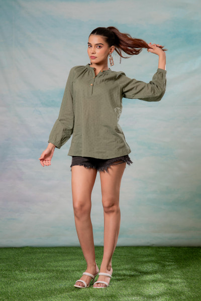 Lamora Olive Green Dobby-Textured Casual Tunic Top