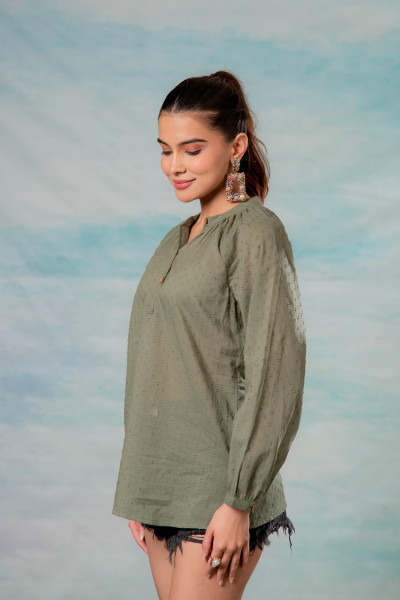 Lamora Olive Green Dobby-Textured Casual Tunic Top