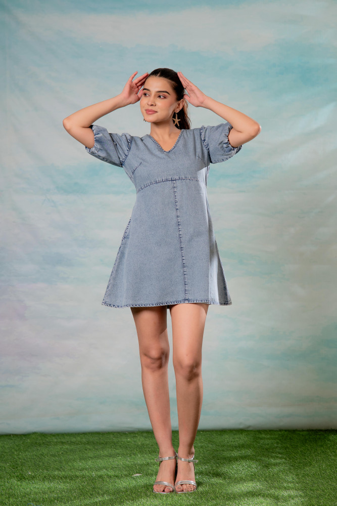 Lamora Light Blue Denim A-Line Mini Dress with Puff Sleeves