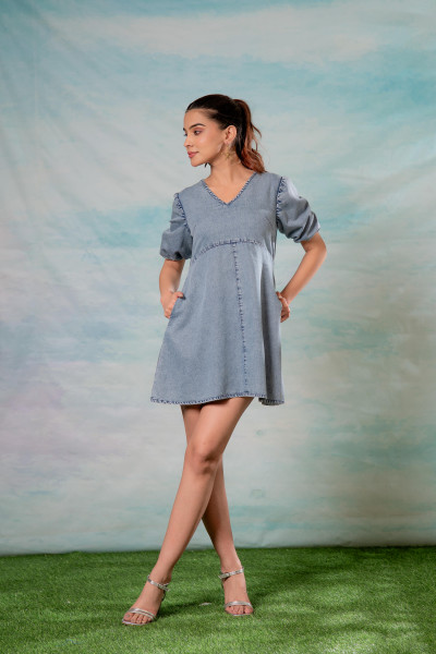 Lamora Light Blue Denim A-Line Mini Dress with Puff Sleeves