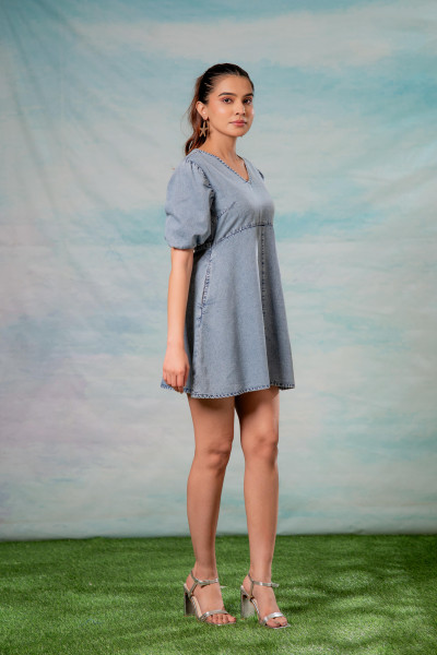 Lamora Light Blue Denim A-Line Mini Dress with Puff Sleeves
