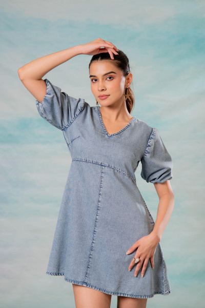 Lamora Light Blue Denim A-Line Mini Dress with Puff Sleeves
