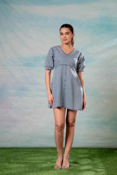 Lamora Light Blue Denim A-Line Mini Dress with Puff Sleeves
