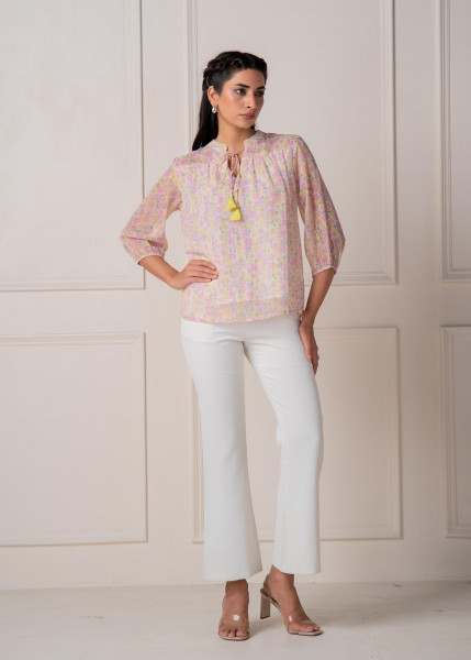 Lamora Pastel Floral Tie-Neck Peasant Top with Tassels