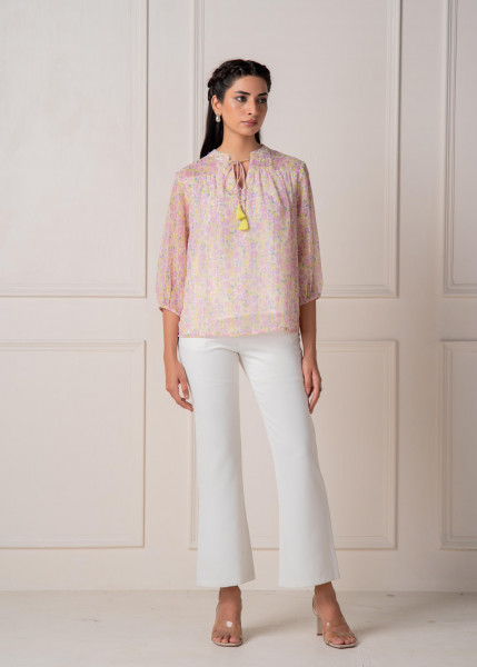 Lamora Pastel Floral Tie-Neck Peasant Top with Tassels