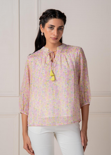Lamora Pastel Floral Tie-Neck Peasant Top with Tassels