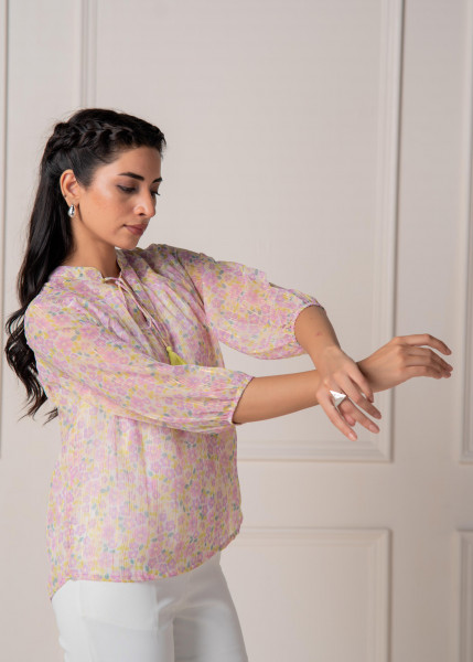 Lamora Pastel Floral Tie-Neck Peasant Top with Tassels