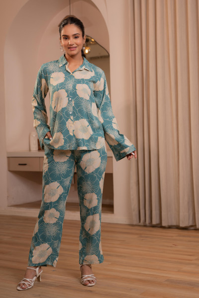 Women's Mint Floral Printed Co-ord Set with Button Details