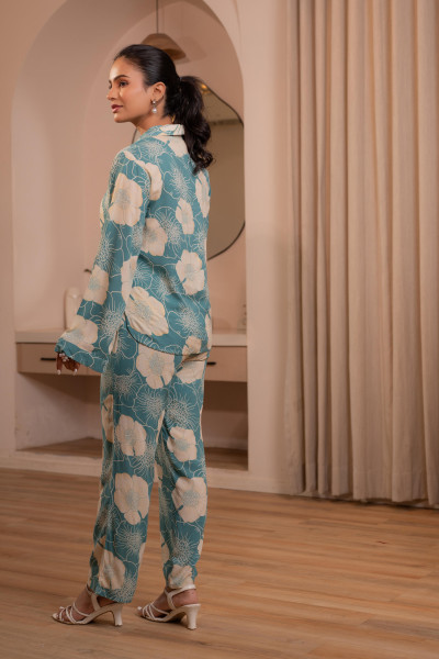 Women's Mint Floral Printed Co-ord Set with Button Details