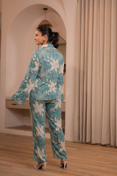 Mint Floral Printed Co-ord Set with Button Details