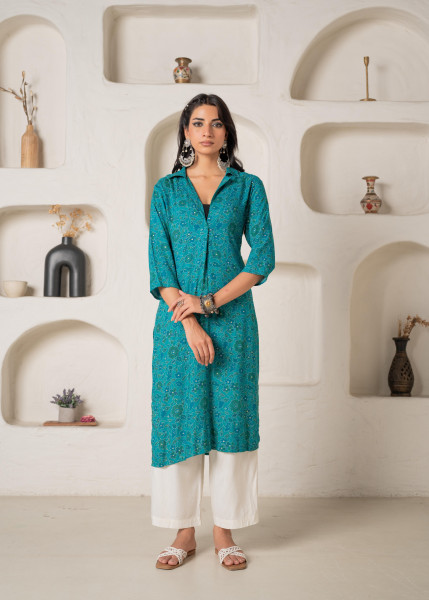 Teal Printed Collar-Neck Straight Kurta with Minimal Detailing