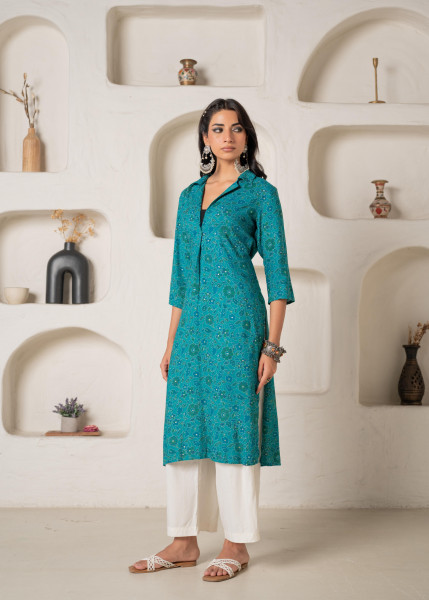 Teal Printed Collar-Neck Straight Kurta with Minimal Detailing