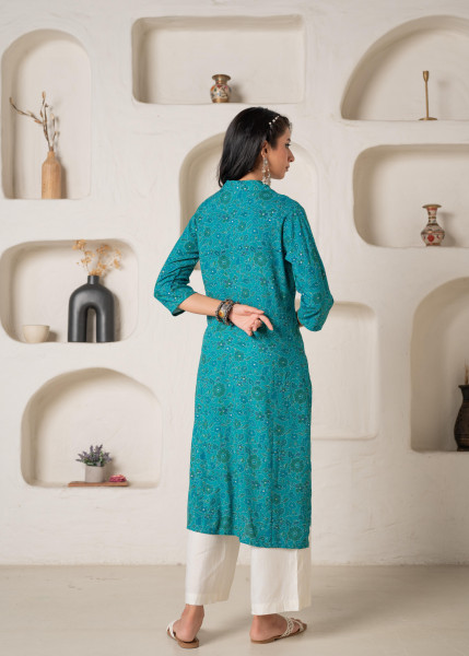 Teal Printed Collar-Neck Straight Kurta with Minimal Detailing